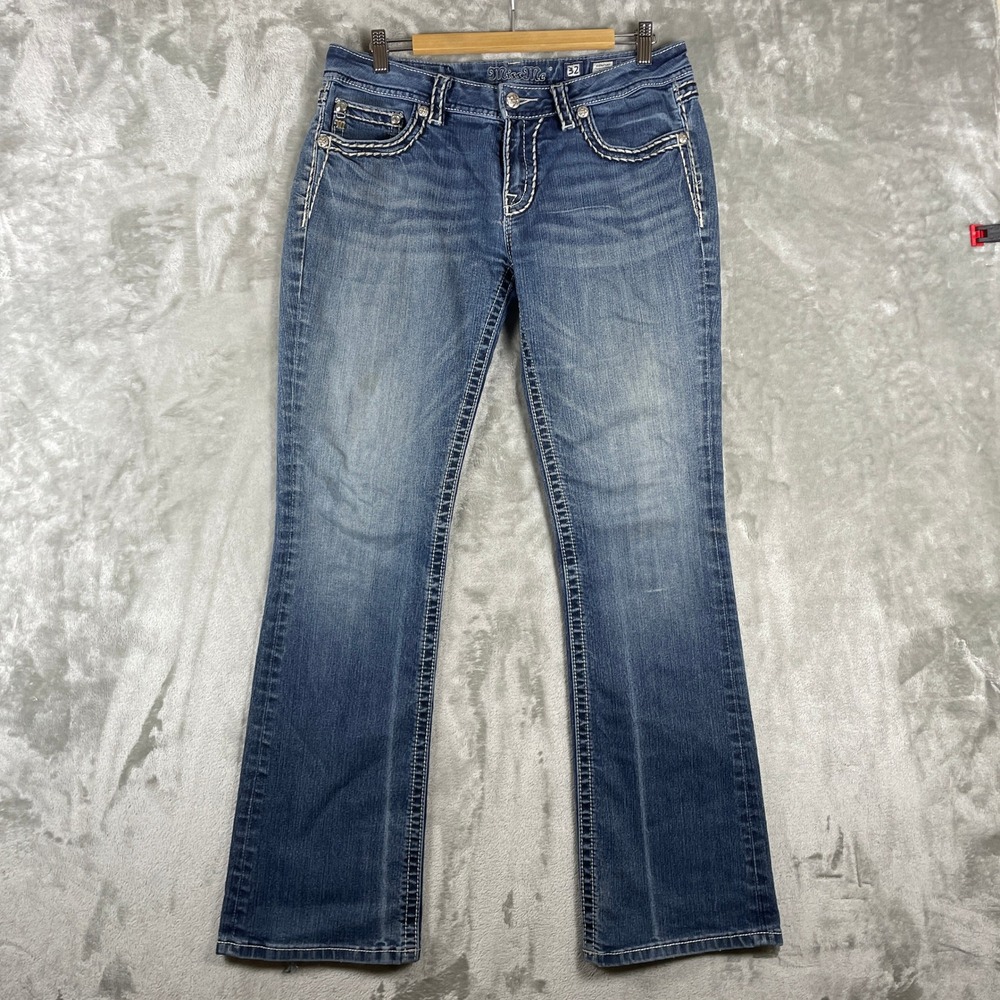Miss Me Signature Boot Jeans Women 32 Blue Thick Stitch Embellished Pocket